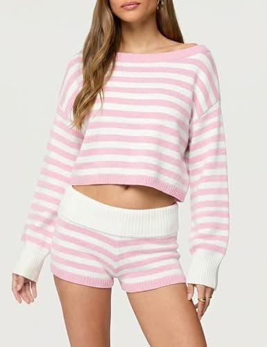 Tanming Women's Striped Sweater Sets Long Sleeve Off Shoulder Knit Pullover Top Casual Fold Over Shorts Sets thumbnail 2