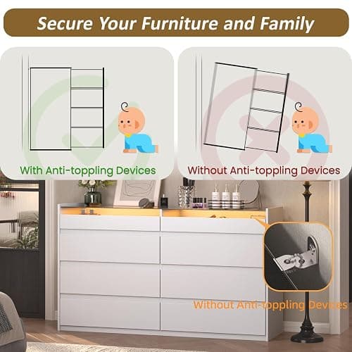 ZORPLIX White 8 Drawer Dresser for Bedroom, Modern Chest of Drawers, Jewelry Dresser Display with Glass Top and LED Light, Dressers Organizer for Bedroom, Closet, Living Room thumbnail 7