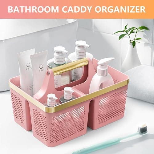 BYUNER Shower Caddy Dorm Plastic: Portable Bathroom Caddy Organizer with Handle and Holes, Cleaning Caddy, Hard Shower Basket Storage Tote for Toiletry, College Dorm Room Essentials Pink/Gold thumbnail 8