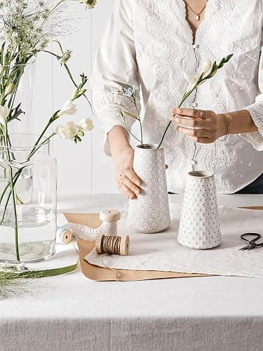 Ceramic Vase for Decor, 6 Inch+7.1 Inch White Flower Vase for Lego Flowers, Tulip and Pampas Grass, Embossed Farmhouse Vases for Centerpieces,Home Living Room Dining Table Office Decor, Arctic White thumbnail 6