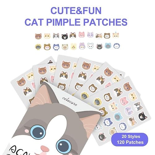 CELECARE,Pimple Patches,Acne Patches,Pimple Patches for Face, Cute Stickers,Salicylic Acid & Tea Tree, 120 Hydrocolloid Dots in 20 Colors for Face,Cute Cat Pimple Stickers thumbnail 2