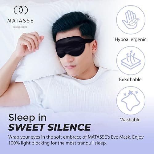 MATASSE Silk Eye Mask for Sleeping with Adjustable Elastic Band - 3D Contoured, Eye Cover Sleep Mask w/Genuine Mulberry Silk Including The Strap for Women, Men (Black) thumbnail 7