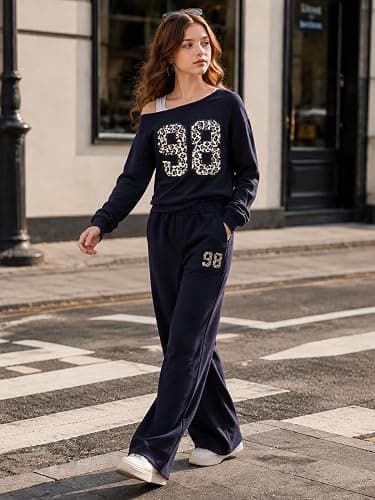 Kxuryueo Tween Girls Clothes Off The Shoulder Sweatshirt and Wide Leg Sweatpants Sweatsuit Size 7-14 thumbnail 3