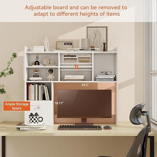 ELECWISH Desktop Bookshelf, Desk Shelf with 2 Drawers for Computer Desk, 36.22" 7-Tier Adjustable Desktop Hutch Organizer with Pegboard for Home Office, White thumbnail 4