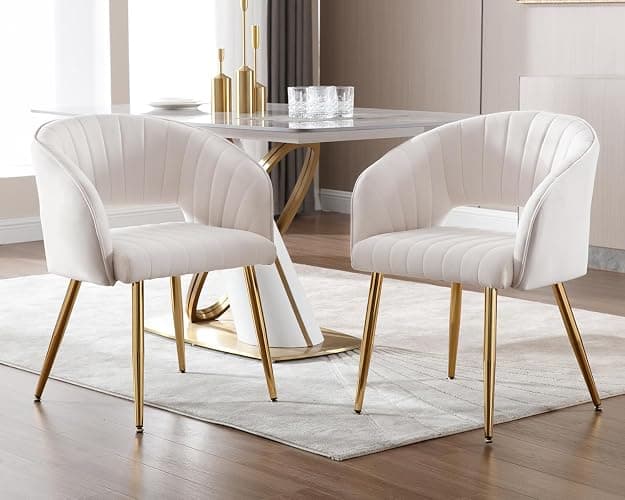 KCC Velvet Desk Chair Upholstered Tufted Chairs Dining Chairs 1 PC & Cream | Modern Accent Armchair Tufted Vanity Chairs with Gold Metal Legs Dining Chair for Dining Room Living Room Restaurant thumbnail 4