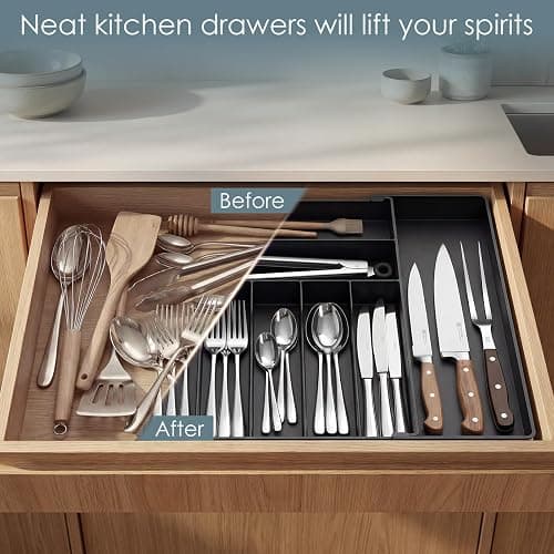 Silverware Drawer Organizer, 9 Slots Expandable Kitchen Drawer Organizer | Extra Large Utensil Holder & Cutlery Tray, Heavy Duty Stainless Steel Frame Flatware Organizer, Non-Slip Feet Included, Black thumbnail 6