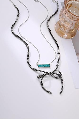 Navajo Pearl Necklace Western Jewelry for Women Turquoise Heart Bar Pendant Necklace Layered Boho Beaded Choker Necklace for Women thumbnail 3