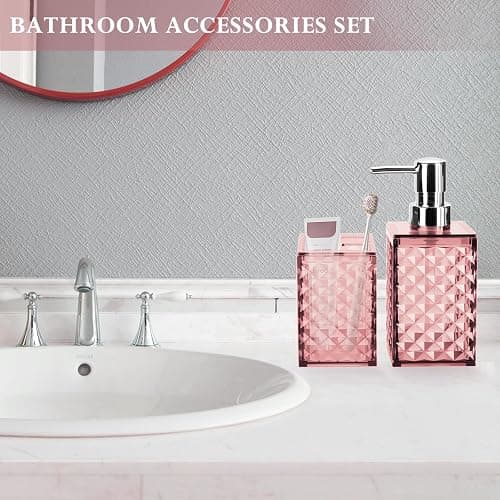 RRM Pink Bathroom Accessories Set, Soap Dispenser and Toothbrush Holder | Diamond Pattern Bathroom Set for Boho Bathroom Decor thumbnail 2
