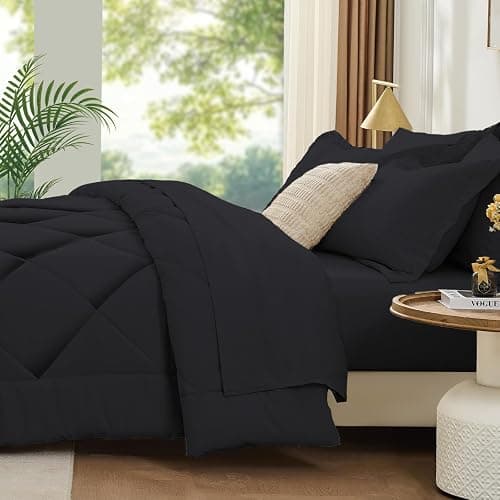 FUANNA 7 Pieces Full Size Comforter Sets, All Season Bedding Sets Full Size, Luxury Soft Bed in a Bag with Comforter, Flat Sheet, Fitted Sheet, Pillowcases & Pillow Shams, Black thumbnail 7