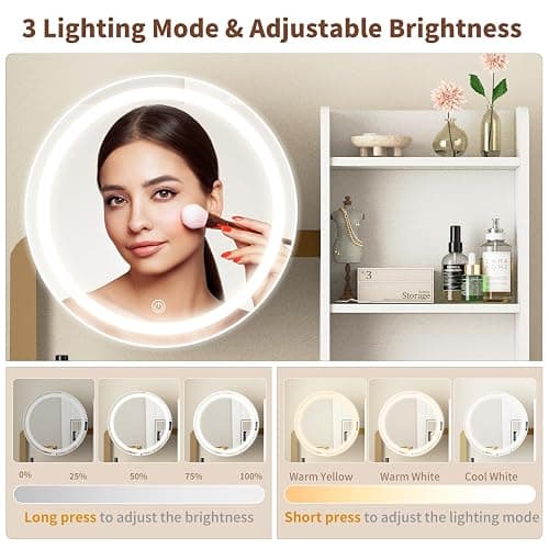 Small Vanity Desk with Mirror and Lights, Makeup Vanity Table with LED Mirror, 3 Lighting Modes, Power Outlet, Drawer, Open Shelves and Cushioned Stool for Bedroom (Gold) thumbnail 3
