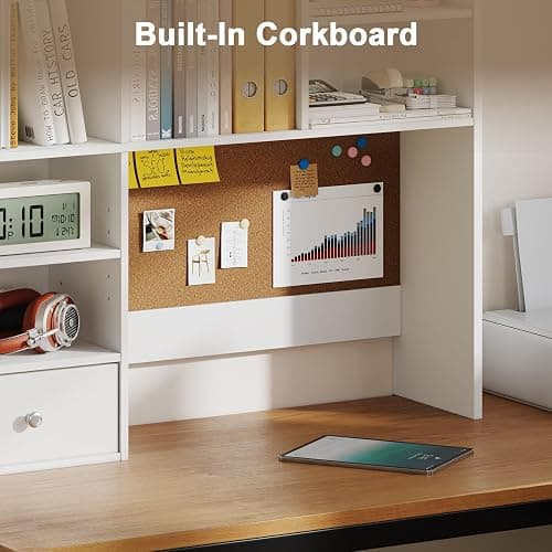 ELUREVIA White Desk Hutch with Cork Board for Photos and Reminders, Dorm Desk Hutch with Drawers and Shelves, Desktop Bookshelf for College Dorm, Student Bedroom, Compact Study Spaces thumbnail 4