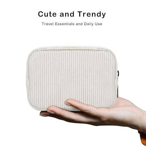 E-Tree Cute Small Makeup Bag,Cosmetic Toiletry Make up Little Items Pouch for Purse,Zipper Mini Tech Charger Cable Electronic Organizer Case,Travel Accessories for Women Men Teen,White Corduroy thumbnail 3