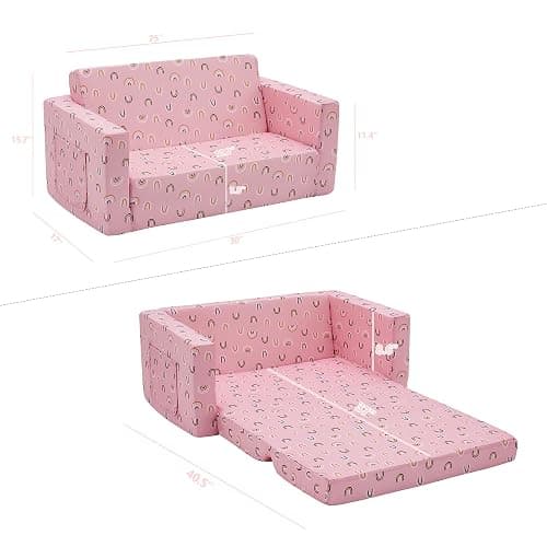 Ulax furniture Kids Fold Out Couch 2-in-1 Children Convertible Sofa to Lounger with Soft Plush Fabric(Pink Rainbow) thumbnail 2
