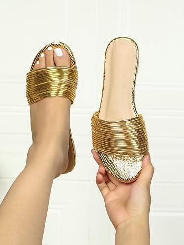 GORGLITTER Women's Summer Metallic Flats Sandal Dressy Cute Open Toe Slipper Slip on Slide Beach Sandals 2025 thumbnail 7