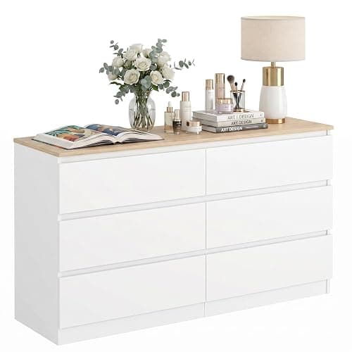 Spaco White Dresser for Bedroom with Oak Top,Modern 6 Drawer Dresser with Deep Drawer,Wide Storage Chest of Drawers,Bedroom Storage Organizer Furniture,TV Stand for Living Room - Image 1