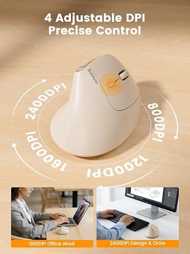 SABLUTE MAM3 Ergonomic Mouse, Rechargeable Wireless Vertical Mouse with 4 Adjustable DPI for Small/Medium Hands, Dual-Device Connectivity for Computer/PC/Laptop,Bluetooth Mouse for Window,Mac OS,Beige thumbnail 6