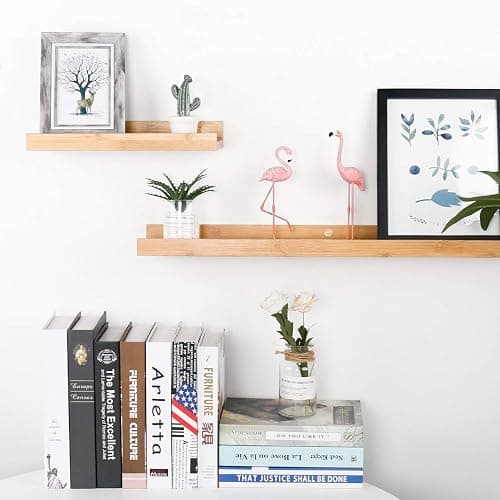 YOYAI Natural Bamboo Floating Shelves Rustic Wood Wall Shelves Wooden Wall Storage Organizer Home Decor Living Room Kitchen Bedroom (Natural, 13.8 in) thumbnail 2