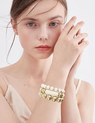 LALAPPLE Gold Plated Beaded Acrylic Bamboo Tube Bangle Bracelets for Women, Colorful Chunky Curved Tube With Gold Plated Pieces Beads Stretch Bracelet Friendship Summer Beach Jewelry thumbnail 6