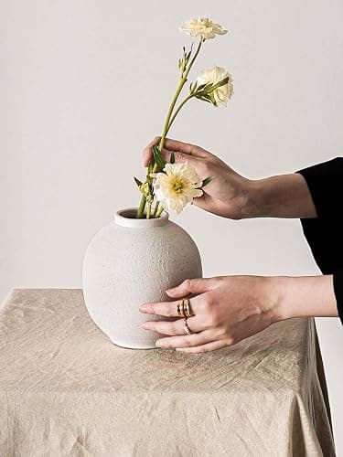 Small White Ceramic Vase - 6.3 Inch Rustic Farmhouse Flower Vase for Home Decor, Minimalist Vases for Living Room, Table, Bathroom, Holiday & Weddings (Sandstone White) thumbnail 3
