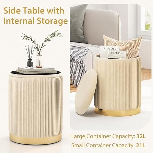 Giantex Ottoman with Storage - Set of 2 Storage Ottomans, 1 Large & 1 Small Nesting Ottoman Side Table, Upholstered Velvet Round Foot Rest Vanity Stool for Bedroom Living Room (Beige & Golden) thumbnail 8
