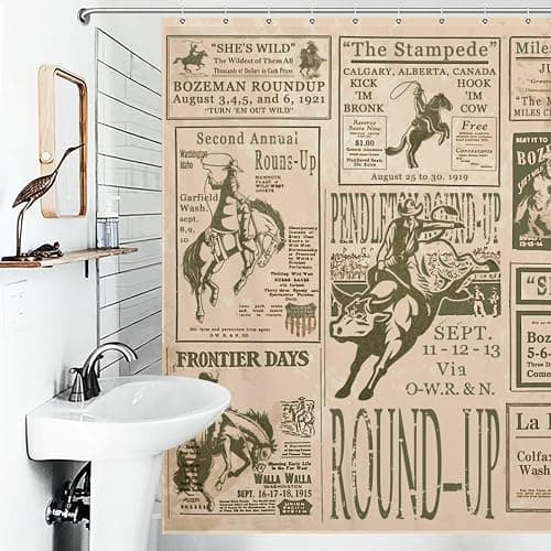 Western Shower Curtain, Cowboy Shower Curtain Western, Vintage Rodeo Round-Up Roman Home Bathtub Polyester Fabric 72x72in Farmhouse Country Decorations for Bathroom Bathtub Riding Horse - 72"W x 72"L (Pack of 1) thumbnail 4