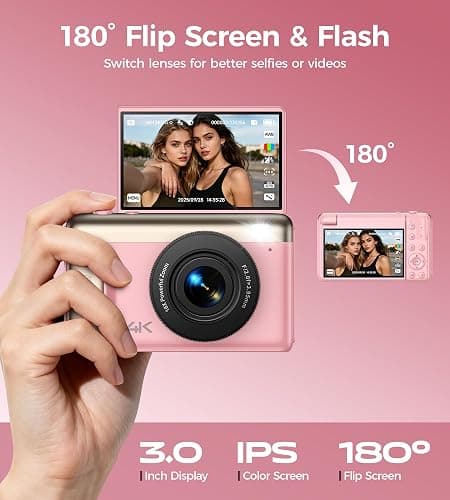 Macchina Fotografica Digitale 4K 64MP: Ultra HD Fotocamera Digitale Compatta per Vlog con Flip 180° da 3" Videocamera con Zoom Digitale 16X Scheda da 32GB per Bambini Principianti Adulti Studenti Rosa thumbnail 7