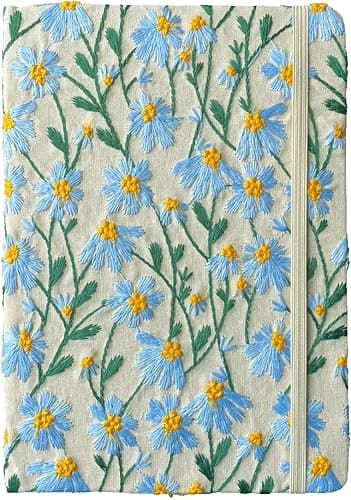 ipoul A5 Notebook, Flower Journal, Embroidered Notebook, 8"x6", Hardcover, Lay Flat, Lined, Wide Ruled Paper, Personalized Notebook, Pretty Journal, Daisy Gifts for Women, Blue, with Elastic Band - Image 1