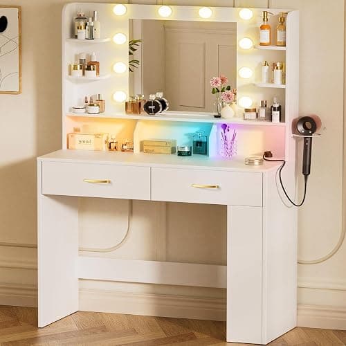 LUCKRACER Vanity Desk with LED Lights Mirror & Charging Station, Makeup Vanity with Storage Drawers and Shelves, Modern Dressing Table for Women Girls Bedroom, Ivory White thumbnail 3