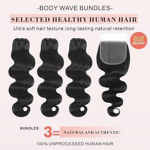 Bundles Human Hair 16 18 20+14 Inch 5x5 HD Lace 12A Body Wave Bundles with Closure 100% Unprocessed Brazilian Virgin Hair No Tangle Shedding Keep Texture Silky Soft for Women thumbnail 3