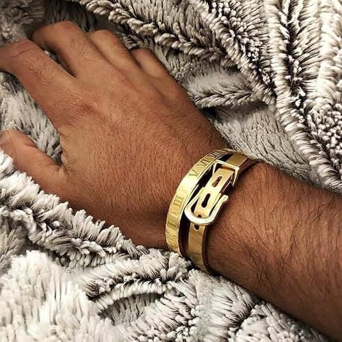 Jarlinwel Gold Silver Plated Bracelets for Men Women Roman Numeral Bangle Bracelet Stainless Steel Personalized Engraved Unisex Gift thumbnail 3