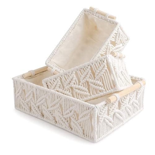 ANMINY 3PCS Macrame Storage Baskets for Organizing Boho Decor Baskets Storage Bins with Wood Handles Handmade Decorative Storage Boxes Desk Toilet Tank Bathroom Self Basket Organizer - Leaves - Image 1