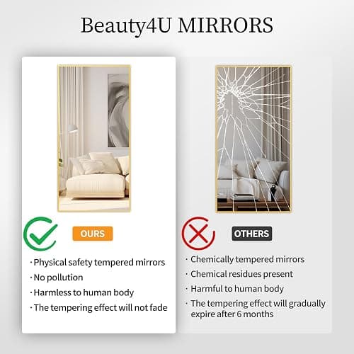 Beauty4U 59" x 16" Tall Full Length Mirror with Stand, Gold Wall Mounting Full Body Mirror, Metal Frame Full-Length Tempered Mirror for Living Room, Bedroom thumbnail 3
