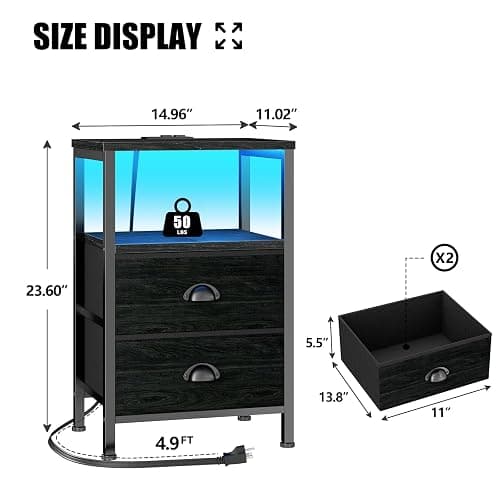 Furologee Nightstands Set of 2, End Tables with Charging Station and LED Lights, Black Night Stands with 2 Fabric Drawers, Bedside Tables Set of 2 for Living Room/Bedroom,Black Oak - 2 PC - drawer on bottom - Black Oak thumbnail 3