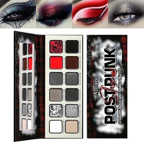 Black Gray Red Goth Makeup Palette, High Pigmented Grey Silver Brown Matte Shimmer Smokey Eyeshadow Palette, 12 Color Long Last Dark Emo Grunge Vampire Eye Shadow for Daily & Halloween Clown,Blendable thumbnail 7