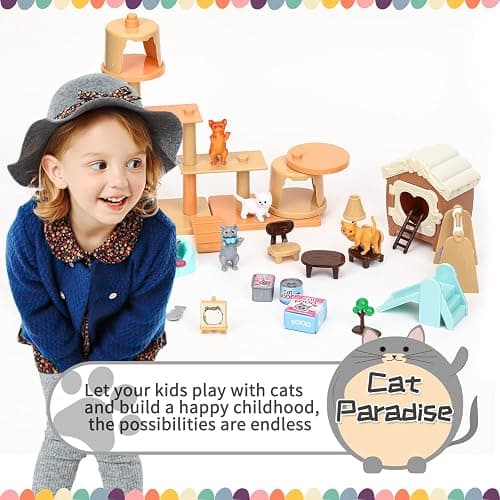 TQQFUN 43-Piece Cat Figurine Playset - Realistic Pet Care Center Role Play Toys for Kids, Toddlers, Boys and Girls thumbnail 3