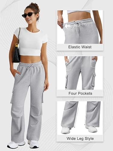 DLOODA Wide Leg Cargo Sweatpants Women Drawstring High Waisted Baggy Sweat Pants Stretchy Cotton Pants with Pockets thumbnail 4