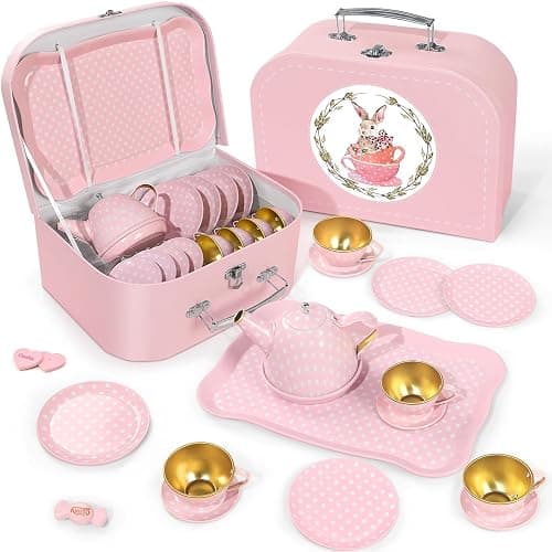 Tea Party Set for Little Girls, Princess Tea Time Toys Including Tin Teapot Set Cups Carrying Case, Toddlers Pretend Role Play Kids Kitchen Toys Birthday Gifts Age 3 4 5 6 - Image 1