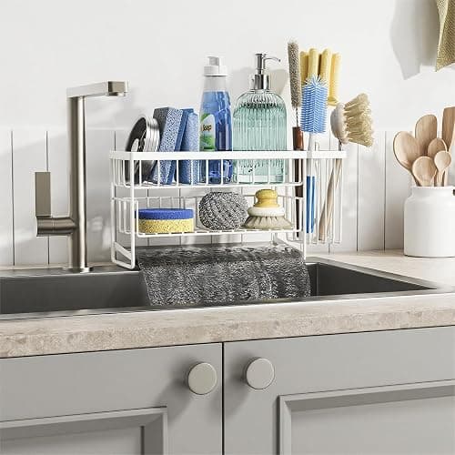 Cisily White 2-Tier Kitchen Sink Caddy Organzier Rack with Flexible Dish Brush Holder, Sponge Holder for Kitchen Sink Countertop Organization Storage,Home Decor Accessories thumbnail 6