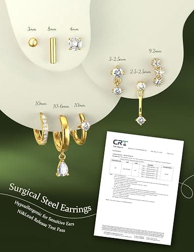 Hypoallergenic Stud Hoop Silver 14K Gold Plated Earrings Stacks - 9 Pairs Surgical Stainless Steel Earring Set for Sensitive Ears - Small Ear Piercing Flat Back Cartilage Earrings for Women Trendy Gifts thumbnail 4
