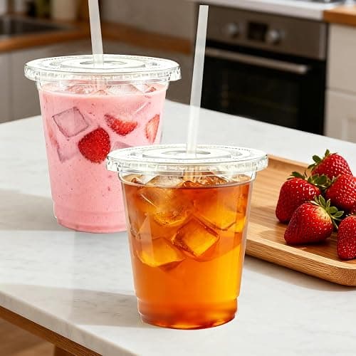 Lamosi 100 Pack 12 oz Clear Plastic Cups with Lids and Straws, Disposable Plastic Coffee Cups with Lids for Iced Coffee, Cold Beverages, Smoothies and To-Go Drinks thumbnail 2