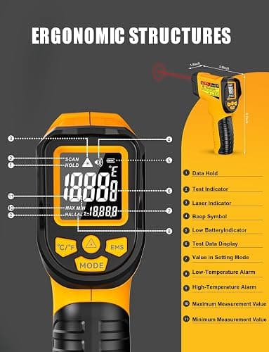 NJTY Infrared Thermometer Gun, -58℉ to 1472℉, High Precision, Non-Contact Laser Temperature Sensor with Backlit LCD, for Cooking, BBQ, Automotive, Industrial Use thumbnail 7