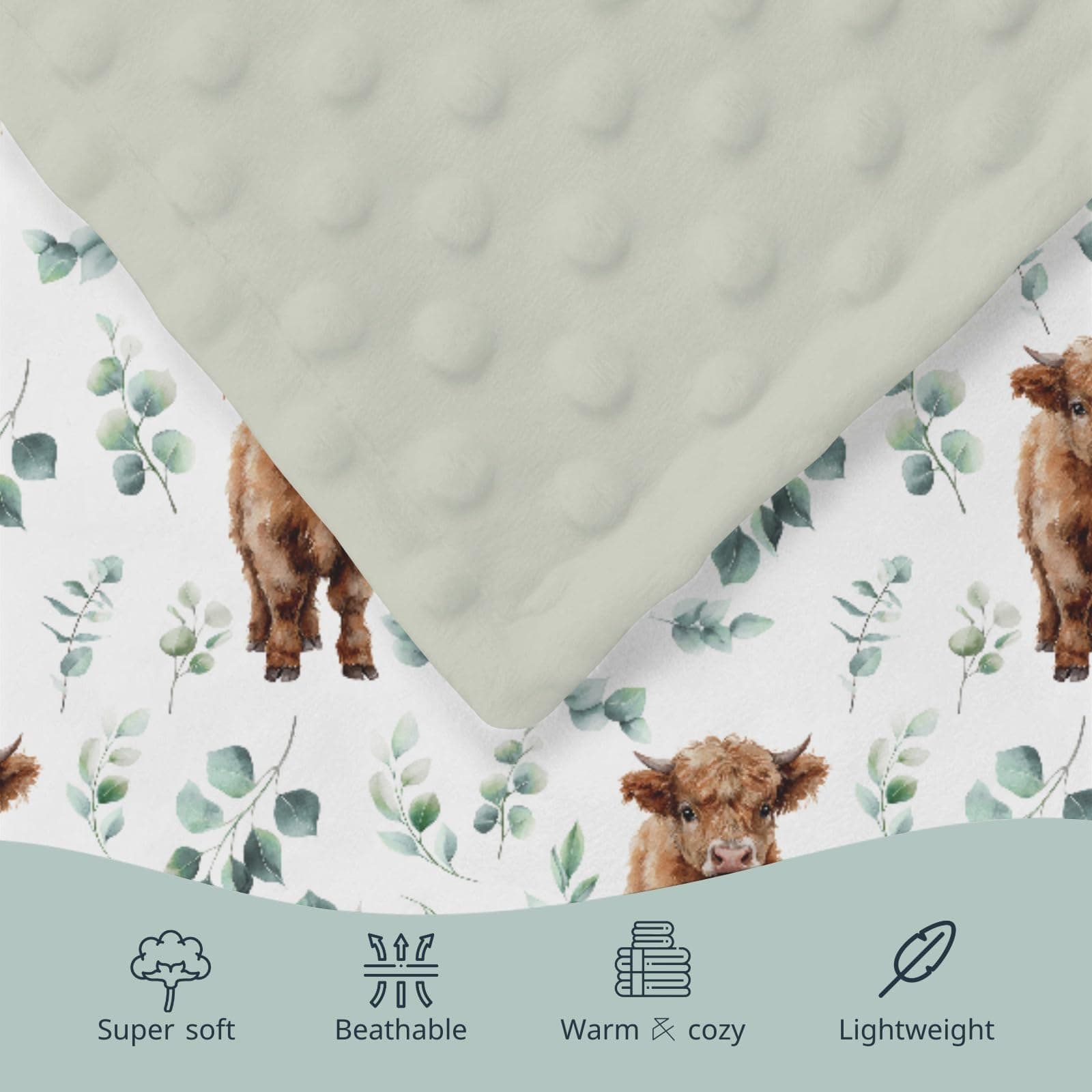 HawSkgFub Highland Cow Eucalyptus Leaf Mink Baby Blankets with Dotted Backing Boy Girl Shower Gift, Western Cowboy Double Layer Nursery Swaddle, Soft Newborn Infant Toddler Bed Crib Bedding 30 x 40 thumbnail 5
