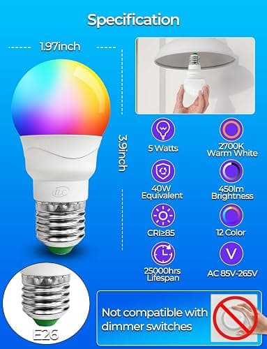 ILC RGB LED Light Bulb, Color Changing Light Bulb, 40W Equivalent, 450LM, 2700K Warm White 5W E26 Screw Base RGBW, A15 Color Lights Bulb - 12 Color Choices - Timing Infrared Remote Control (4 Pack) thumbnail 2