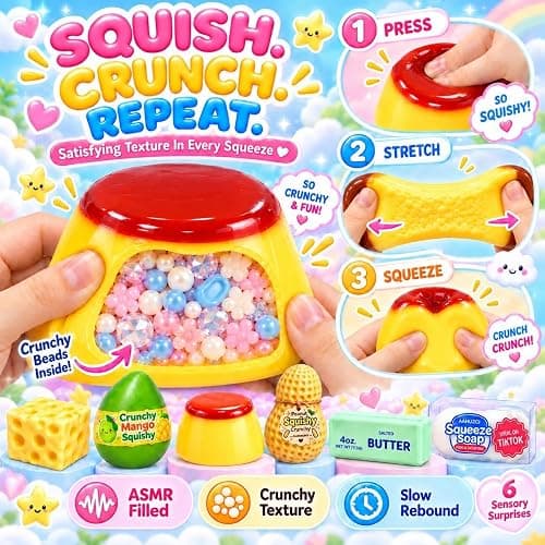 6 Pack Crunchy Squishy Box Slow Crunchy Squishies Mystery Fun Set (6PCS E) | Butter Peanut Pudding Cream Cheese Potato Asmr Filled, Squeeze Stress Ball Rebound Calming Desk Decor Moldable Adults thumbnail 3
