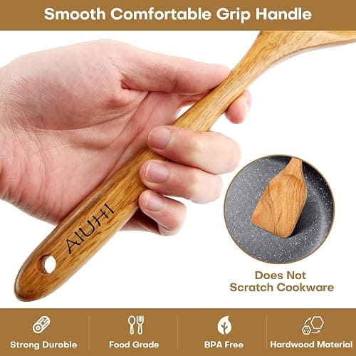 AIUHI Wood Spoons for Cooking, Nonstick Kitchen Utensil Set, Wooden Spoons Cooking Utensil Set Non Scratch Natural Teak Wooden Utensils for Cooking (Teak 8 Pack) thumbnail 3