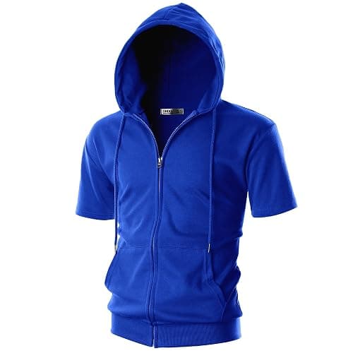 Ohoo Mens Slim Fit Zip up Hoodie Cotton Blend Soft Fabric Short Sleeve Lightweight Comfy Basic Jacket with Kanga Pocket - Image 1
