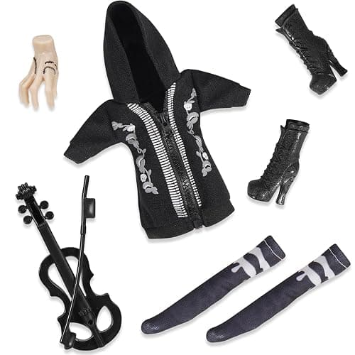 DCSSUB 10" Collectible Doll with Dot Black Dress, Coat, High Heels, Double Ponytail, Violin Accessories & Thing thumbnail 3