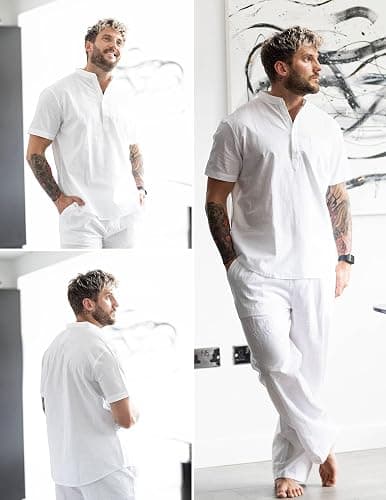 COOFANDY Men's 2 Pieces Cotton Linen Set Casual Short Sleeve Henley Shirts Beach Yoga Pants Summer Outfits thumbnail 2