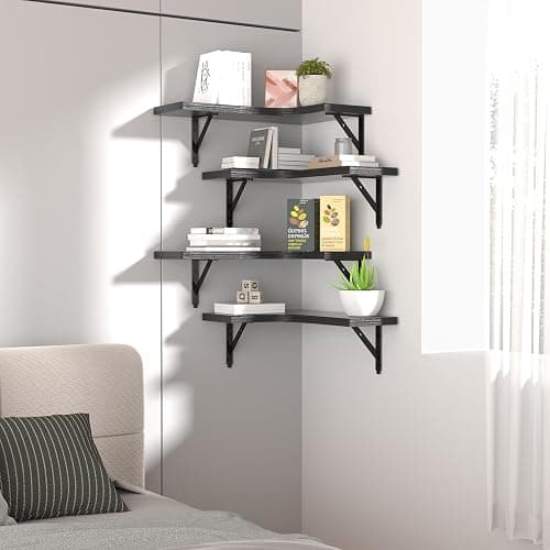 ROMGUAR CRAFT Corner Floating Shelves Wall Mounted Set of 4, Rustic Wood Storage Display Shelves for Home Decor, Bathroom, Kitchen, Bedroom, Living Room, Office (Black) thumbnail 7