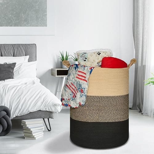 COMSE Extra Large Blanket Basket, Tall Woven Storage Basket, Nursery Hamper, 15.7”x 21.7”, Cotton Rope Laundry Hamper for Toys Clothes Towels, Brown/Black thumbnail 8
